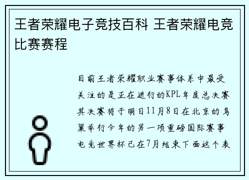王者荣耀电子竞技百科 王者荣耀电竞比赛赛程